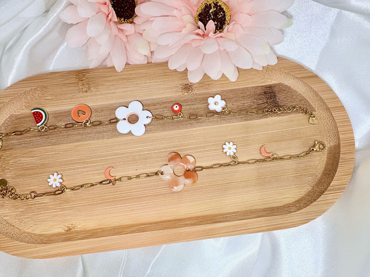 Bracelets pampille fleur avec breloques acier inoxydable